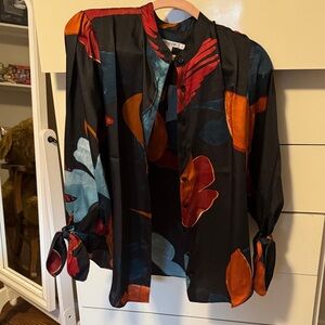 Chico's Black Blouse with Red and Blue Floral Pattern